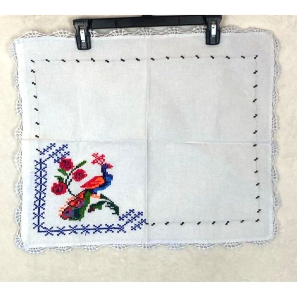 Vintage Handmade Cross-Stitch Peacock and Floral Table Topper Lace Trim 17x21